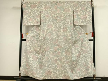平和屋着物▽上質な紬　単衣　更紗花文　正絹　逸品　AAAZ9040fy