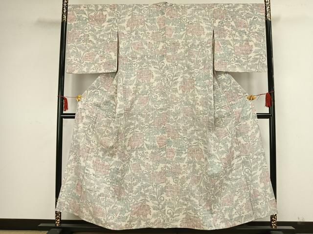 平和屋着物▽上質な紬　単衣　更紗花文　正絹　逸品　AAAZ9040fy