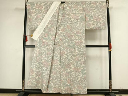 平和屋着物▽上質な紬　単衣　更紗花文　正絹　逸品　AAAZ9040fy