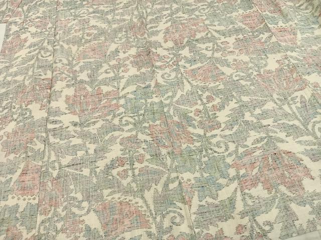 平和屋着物▽上質な紬　単衣　更紗花文　正絹　逸品　AAAZ9040fy