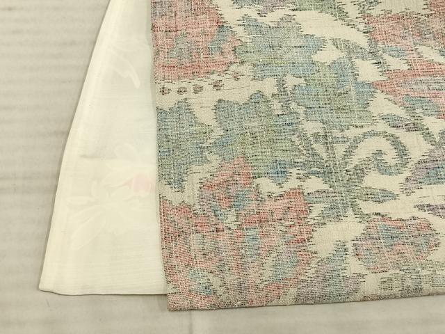 平和屋着物▽上質な紬　単衣　更紗花文　正絹　逸品　AAAZ9040fy