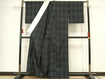 平和屋着物▽小紋 単衣 幾何学文様 黒地 洗える着物 AAAZ9041fy