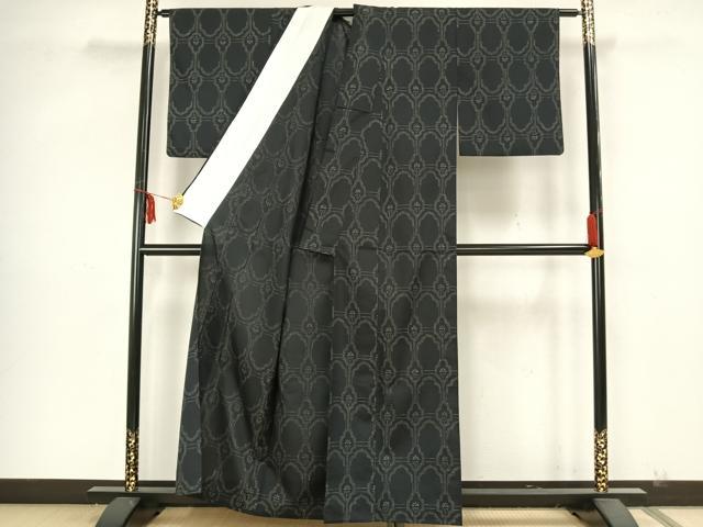 平和屋着物▽小紋 単衣 幾何学文様 黒地 洗える着物 AAAZ9041fy