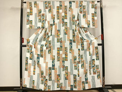 平和屋着物▽小紋 単衣 色紙草花文 さんび謹製 洗える着物 AAAZ9043fy