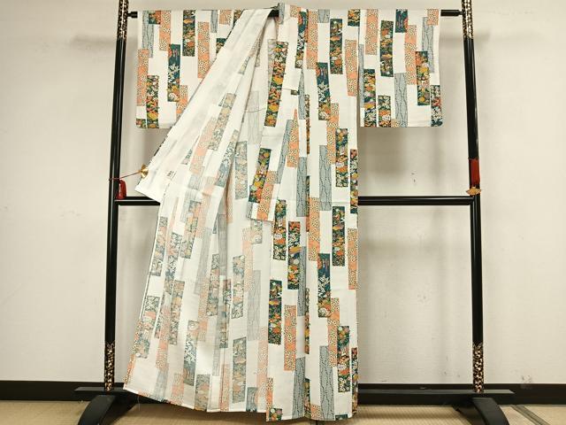 平和屋着物▽小紋 単衣 色紙草花文 さんび謹製 洗える着物 AAAZ9043fy
