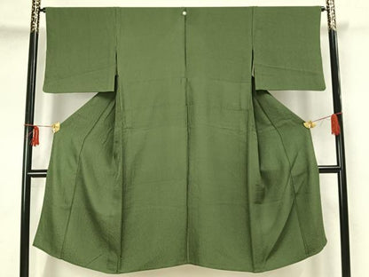 平和屋着物▽上質な色無地　単衣　唐草花地紋　老竹色　正絹　逸品　AAAZ9045fy