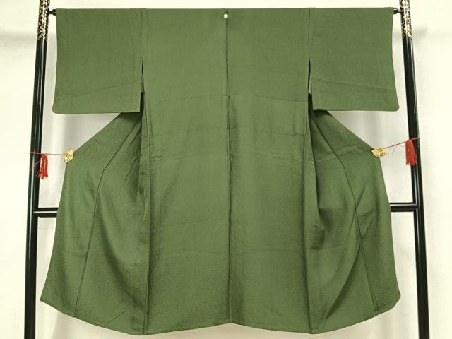 平和屋着物▽上質な色無地　単衣　唐草花地紋　老竹色　正絹　逸品　AAAZ9045fy