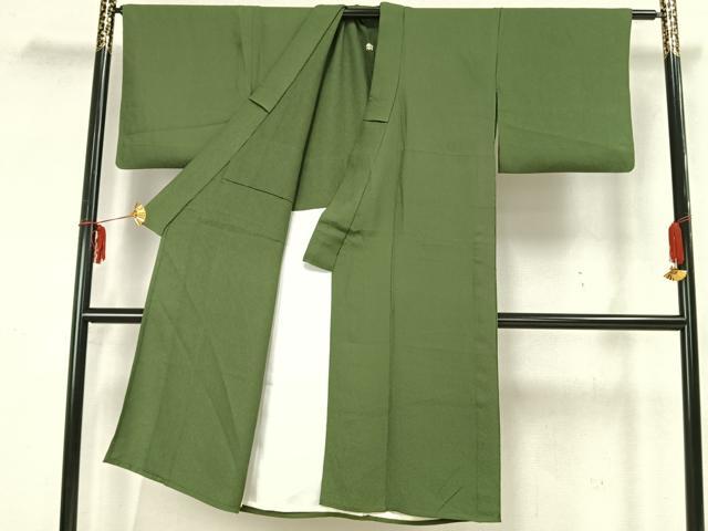 平和屋着物▽上質な色無地　単衣　唐草花地紋　老竹色　正絹　逸品　AAAZ9045fy