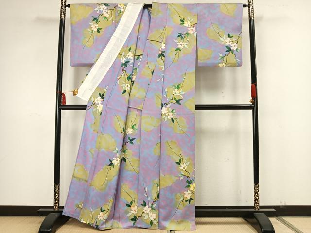 平和屋着物▽上質な小紋 単衣 枝花文 正絹 逸品 AAAZ9052fy