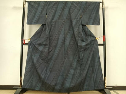 平和屋着物▽本塩沢 単衣 110亀甲 斜縞 正絹 逸品 AAAZ9056fy