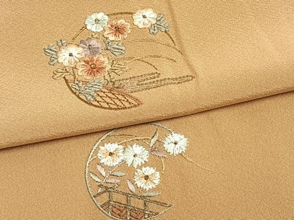 平和屋着物▽訪問着 単衣 総刺繍 草花文 正絹 逸品 AAAZ9060fy