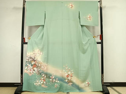 平和屋着物▽訪問着 単衣 草花文 暈し染め 金銀彩 正絹 逸品 AAAZ9076fy