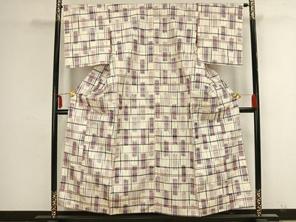 平和屋着物▽上質な紬 単衣 格子 正絹 逸品 AAAZ9088fy