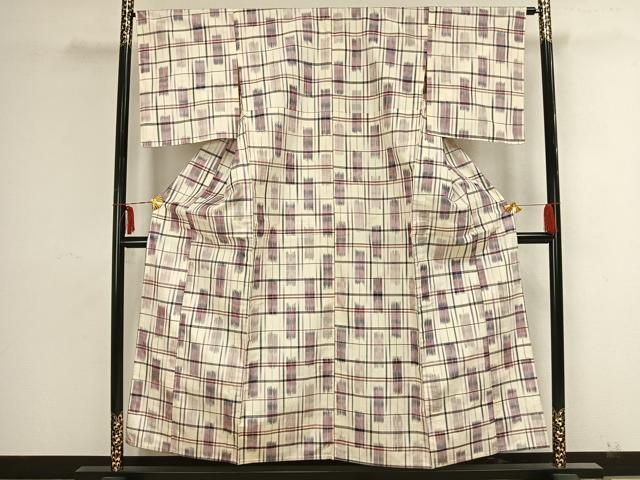 平和屋着物▽上質な紬 単衣 格子 正絹 逸品 AAAZ9088fy