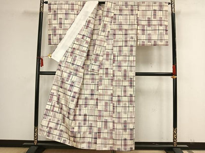 平和屋着物▽上質な紬 単衣 格子 正絹 逸品 AAAZ9088fy