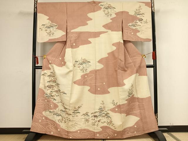平和屋着物▽染織の名門 しょうざん 生紬 訪問着 単衣 風景文 正絹 逸品 AAAZ9090fy