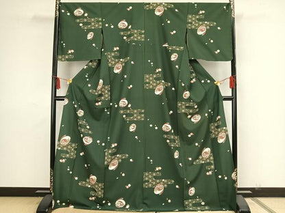 平和屋着物▽小紋　単衣　草花文　兎　ロング丈　洗える着物　未使用　AAAZ9096fy