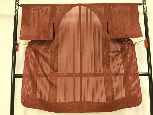 平和屋着物▽道行コート スリーシーズン 春夏秋 塵除け 縞地紋 紅鳶色 ロング丈 正絹 逸品 AAAZ9104fy