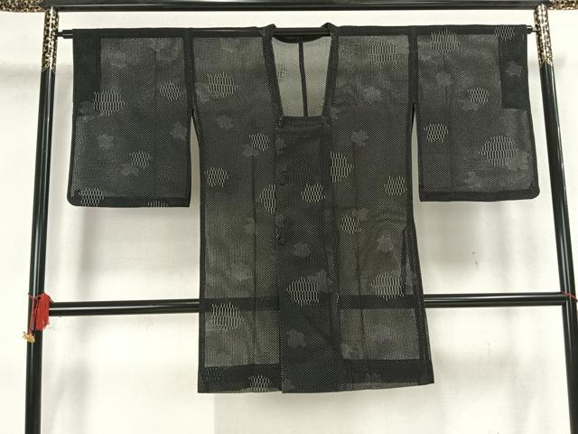 平和屋着物▽道行コート　スリーシーズン　春夏秋　塵除け　幾何学文　黒地　ロング丈　正絹　逸品　AAAZ9109fy