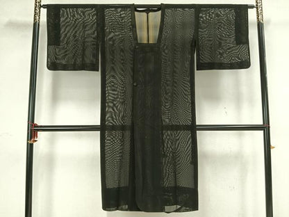 平和屋着物▽道行コート　スリーシーズン　春夏秋　塵除け　格子　黒地　銀糸　ロング丈　正絹　逸品　AAAZ9111fy