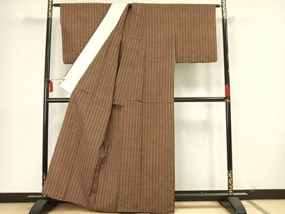 平和屋着物▽上質な紬　単衣　縞　正絹　逸品　AAAZ9119fy