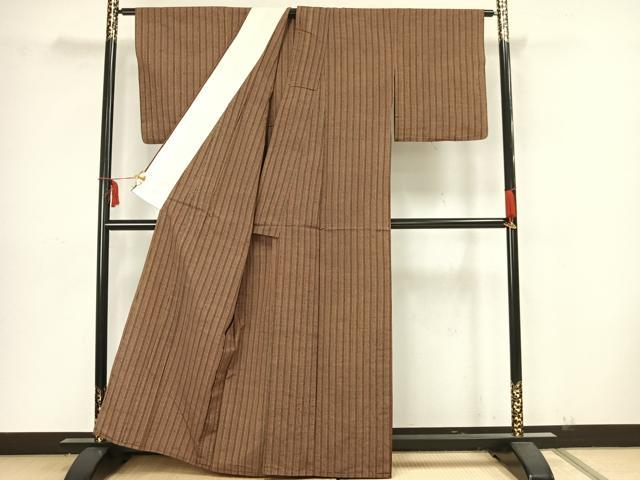 平和屋着物▽上質な紬　単衣　縞　正絹　逸品　AAAZ9119fy