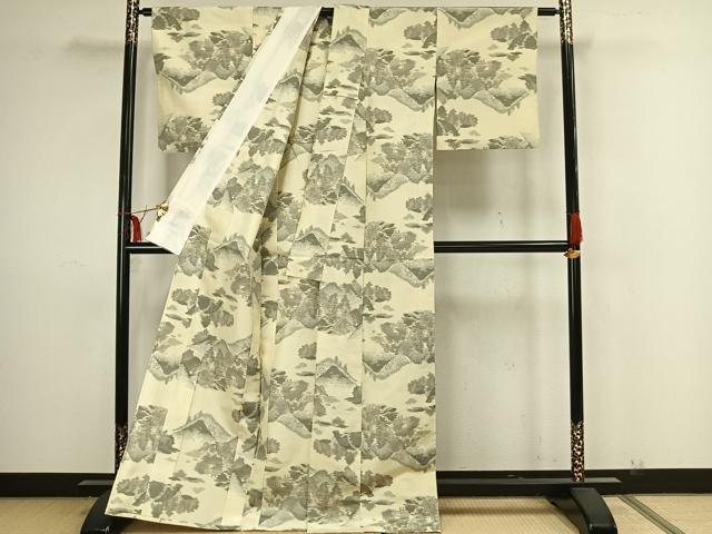 平和屋着物▽上質な紬 単衣 風景文 正絹 逸品 AAAZ9138fy