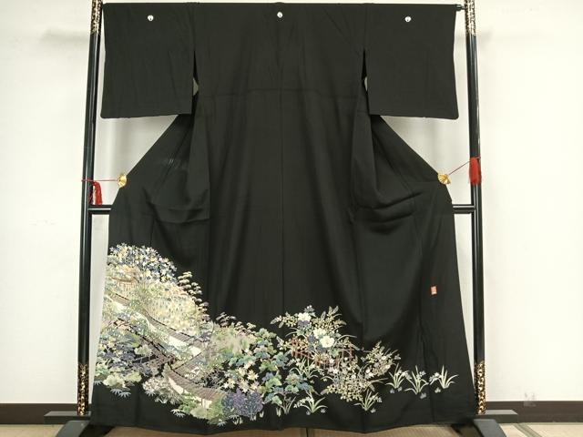 平和屋着物▽豪華黒留袖　単衣　友禅　作家物　風景枝花文　黒地　正絹　逸品　AAAZ9141fy