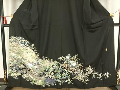 平和屋着物▽豪華黒留袖　単衣　友禅　作家物　風景枝花文　黒地　正絹　逸品　AAAZ9141fy