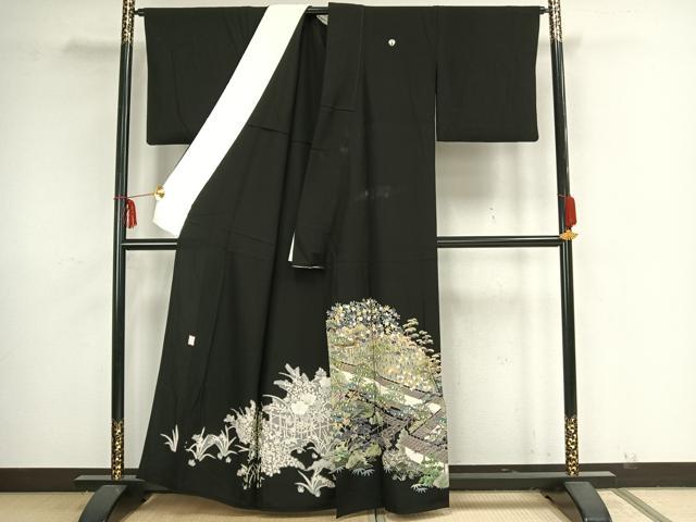 平和屋着物▽豪華黒留袖　単衣　友禅　作家物　風景枝花文　黒地　正絹　逸品　AAAZ9141fy