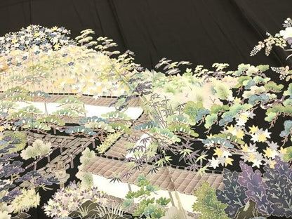 平和屋着物▽豪華黒留袖　単衣　友禅　作家物　風景枝花文　黒地　正絹　逸品　AAAZ9141fy