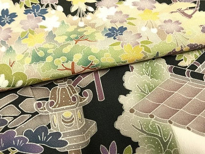 平和屋着物▽豪華黒留袖　単衣　友禅　作家物　風景枝花文　黒地　正絹　逸品　AAAZ9141fy