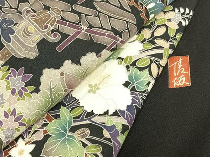 平和屋着物▽豪華黒留袖　単衣　友禅　作家物　風景枝花文　黒地　正絹　逸品　AAAZ9141fy