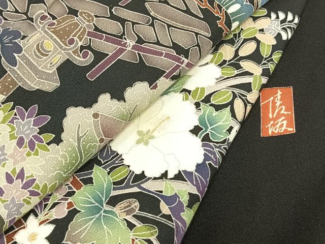 平和屋着物▽豪華黒留袖　単衣　友禅　作家物　風景枝花文　黒地　正絹　逸品　AAAZ9141fy