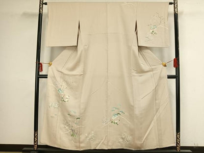 平和屋着物▽訪問着 単衣 駒刺繍 風景草花文 銀糸 銀彩 正絹 逸品 AAAZ9142fy