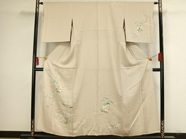平和屋着物▽訪問着 単衣 駒刺繍 風景草花文 銀糸 銀彩 正絹 逸品 AAAZ9142fy
