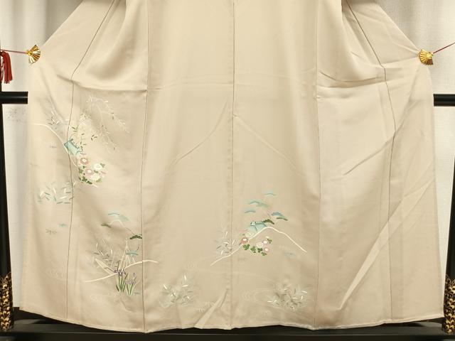 平和屋着物▽訪問着 単衣 駒刺繍 風景草花文 銀糸 銀彩 正絹 逸品 AAAZ9142fy