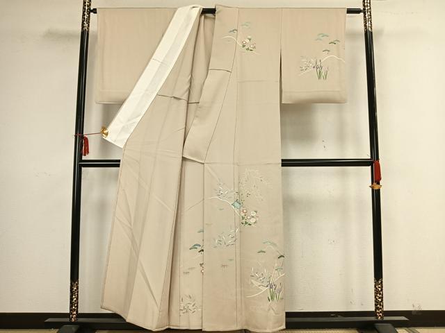 平和屋着物▽訪問着 単衣 駒刺繍 風景草花文 銀糸 銀彩 正絹 逸品 AAAZ9142fy