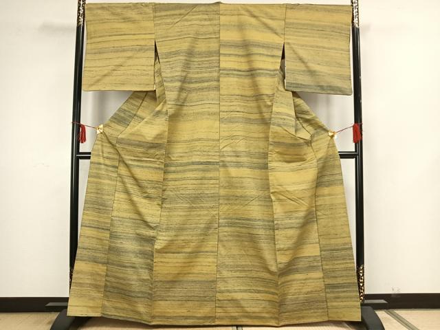 平和屋着物▽上質な紬 単衣 横縞 正絹 逸品 AAAZ9145fy