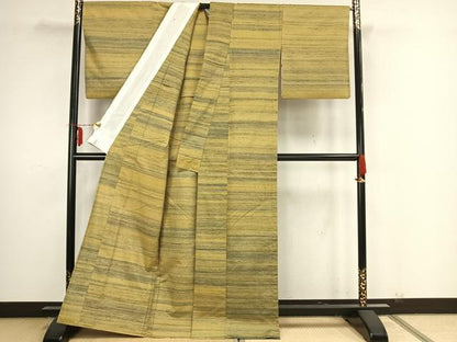 平和屋着物▽上質な紬 単衣 横縞 正絹 逸品 AAAZ9145fy