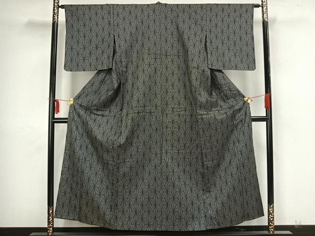 平和屋着物▽お召 単衣 麻の葉文様 正絹 逸品 AAAZ9147fy
