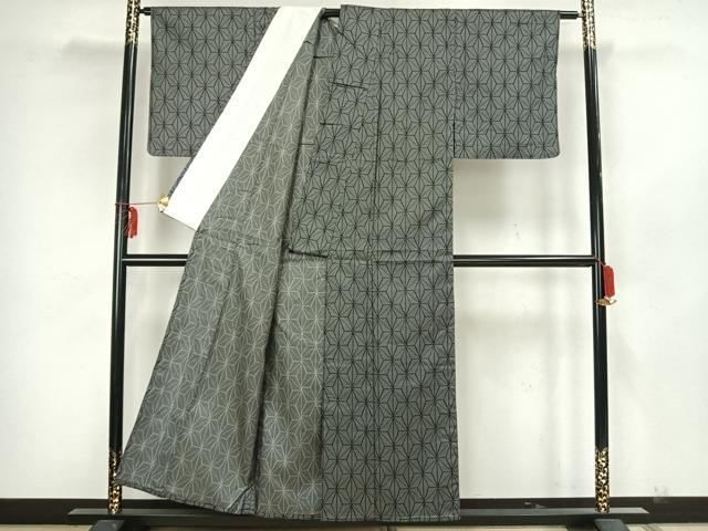平和屋着物▽お召 単衣 麻の葉文様 正絹 逸品 AAAZ9147fy