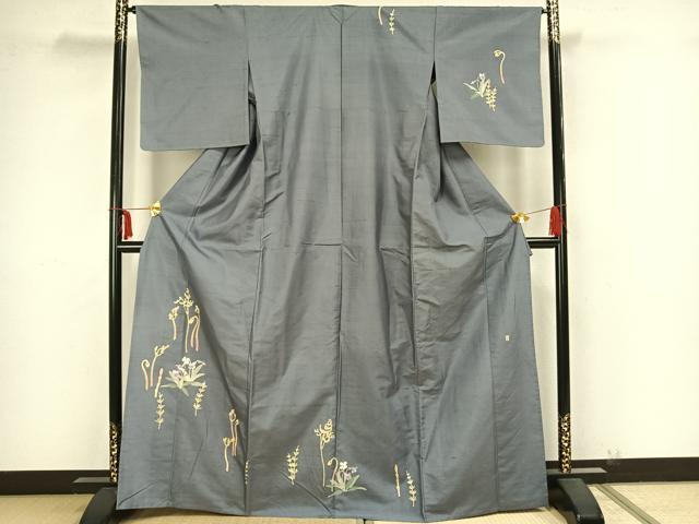 平和屋着物▽本加賀友禅作家 大村洋子 訪問着 単衣 白山紬 草花文 正絹 逸品 AAAZ9155fy