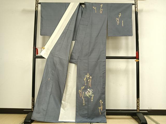 平和屋着物▽本加賀友禅作家 大村洋子 訪問着 単衣 白山紬 草花文 正絹 逸品 AAAZ9155fy
