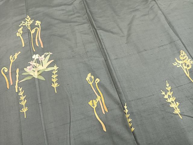 平和屋着物▽本加賀友禅作家 大村洋子 訪問着 単衣 白山紬 草花文 正絹 逸品 AAAZ9155fy