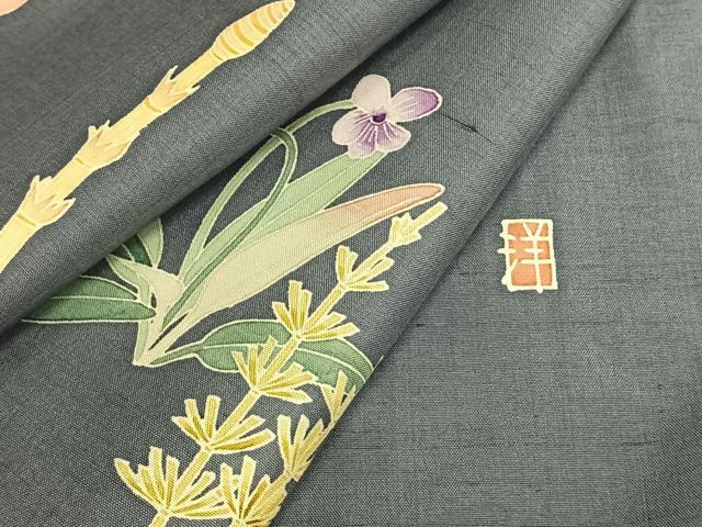 平和屋着物▽本加賀友禅作家 大村洋子 訪問着 単衣 白山紬 草花文 正絹 逸品 AAAZ9155fy