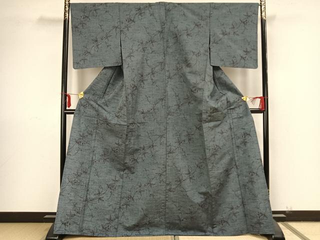 平和屋着物▽上質な紬 単衣 草花文 正絹 逸品 AAAZ9156fy