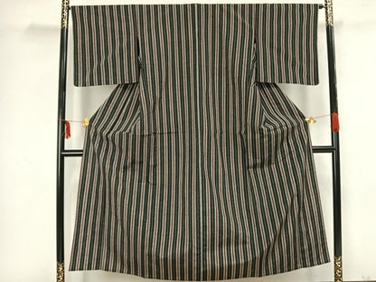平和屋着物▽上質な紬 単衣 縞 正絹 逸品 AAAZ9157fy