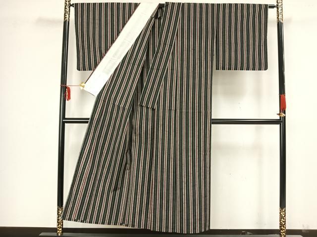 平和屋着物▽上質な紬 単衣 縞 正絹 逸品 AAAZ9157fy