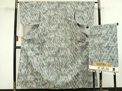 平和屋着物▽米琉紬 単衣 風景樹林文 証紙付き 正絹 逸品 AAAZ9158fy